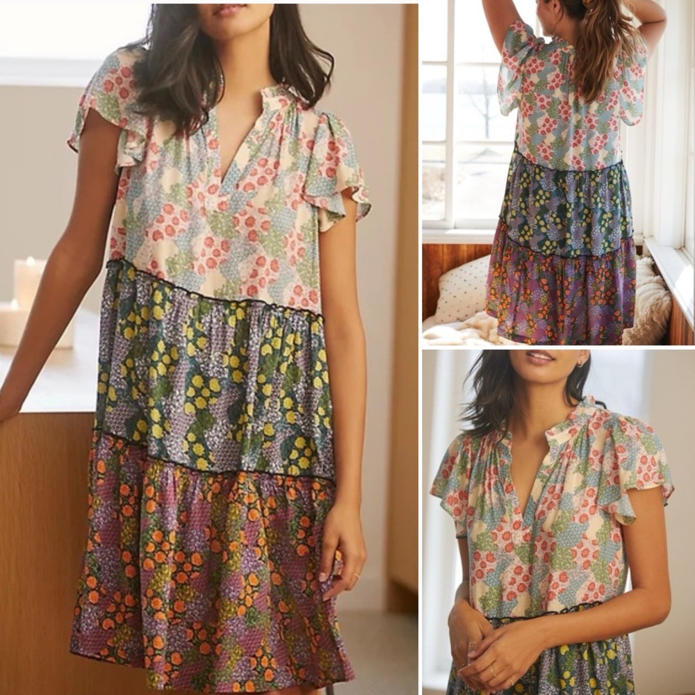 Anthropologie Penrose Tiered Tunic Dress Patchwork Floral Multicolor